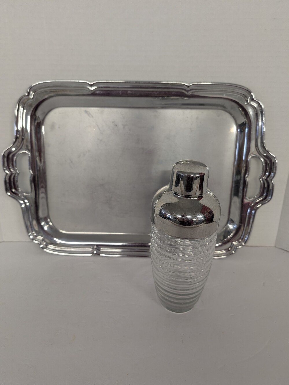 Vintage MID CENTURY MODERN Silver Tray With Cocktail Shaker